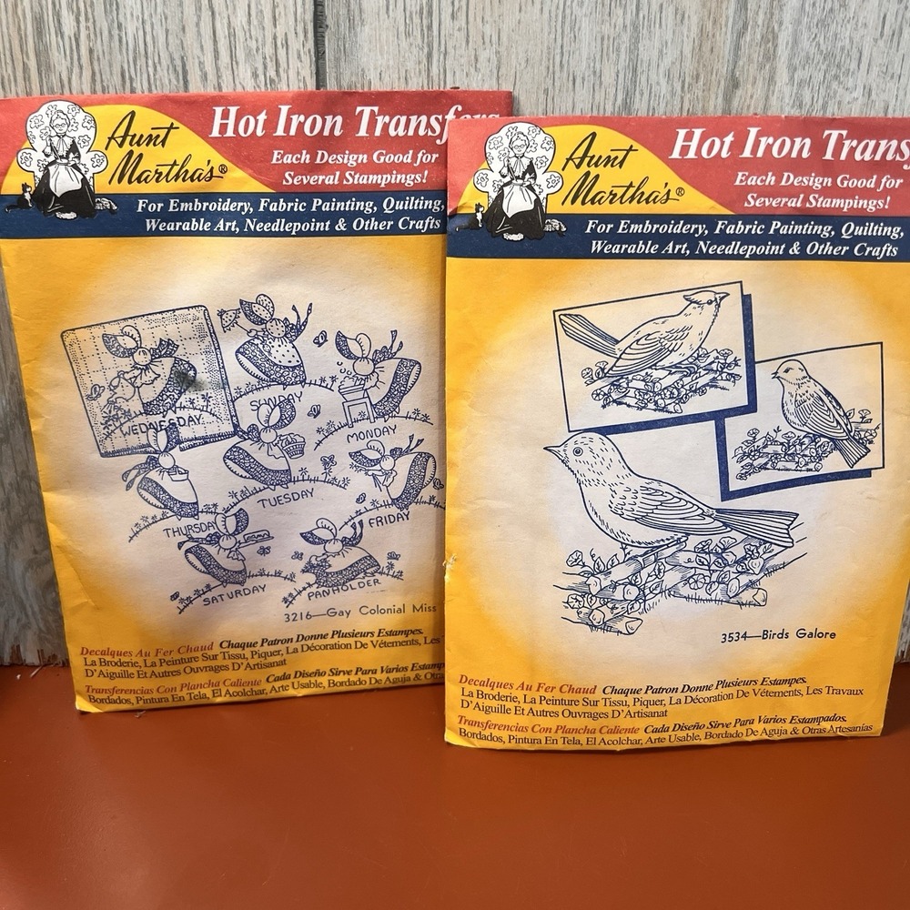 NIP 2 AUNT MARTHA Hot Iron Transfers #3534 #3216 Birds Galore Colonial Miss week